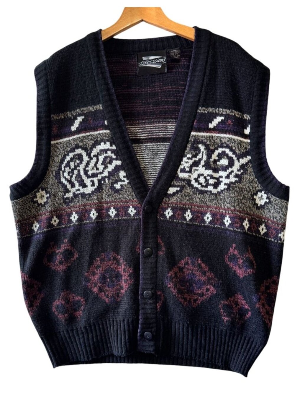 Expressions Vintage Sweater Vest Knit Button Front Pullover - XL